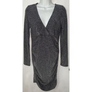 H&M Black Sparkle Mini Dress Longsleeve Deep V-Neck Women’s Medium NEW